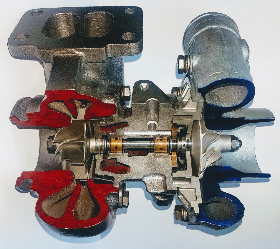 Cross section of a turbocharger.